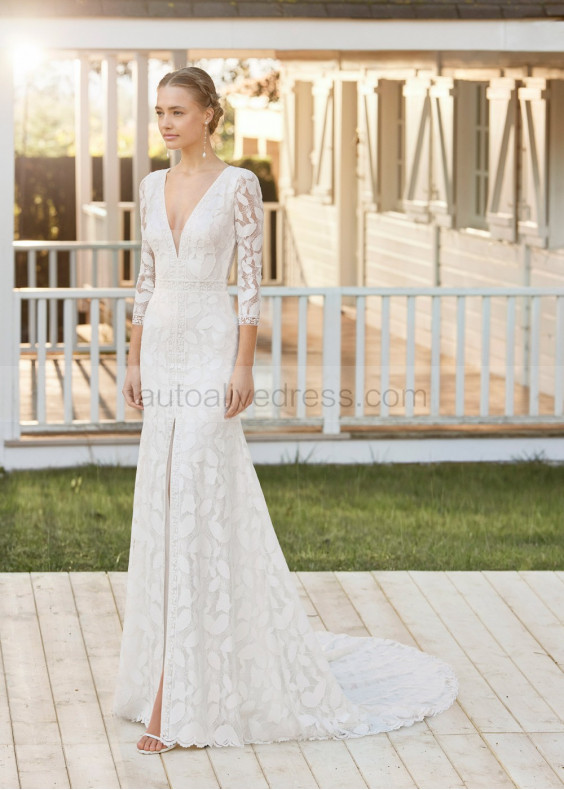 Three Quarter Sleeves Ivory Lace Sexy Slit Wedding Dress